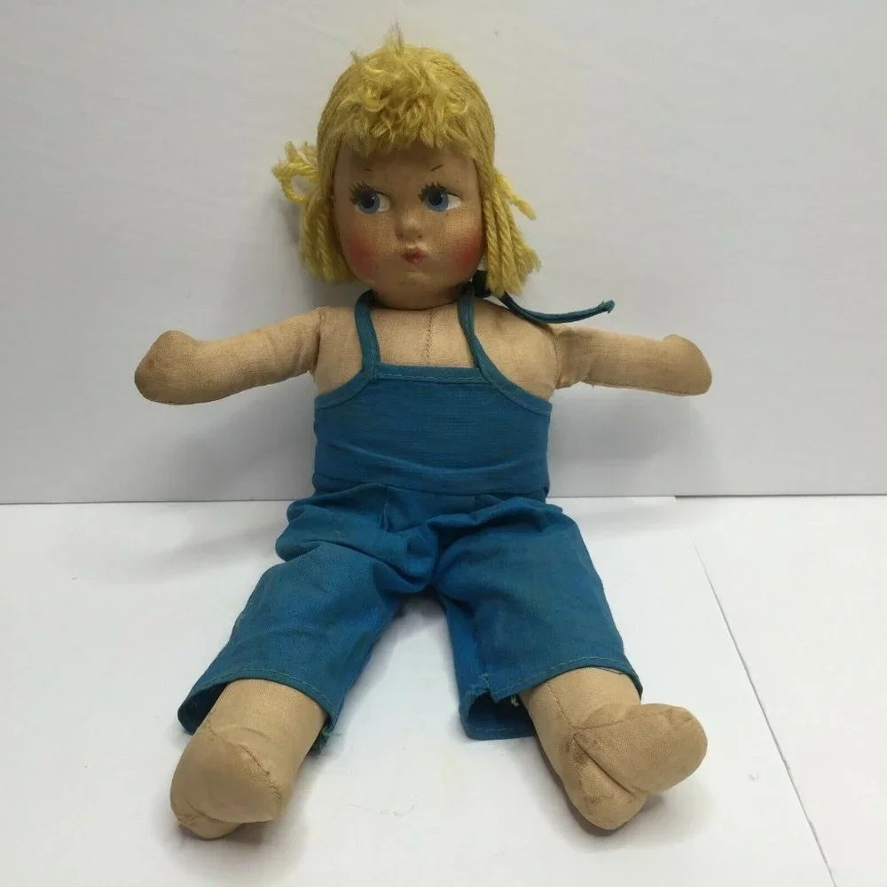 Vintage Blonde Soft Body Baby Doll Overalls Head Turns 10.5